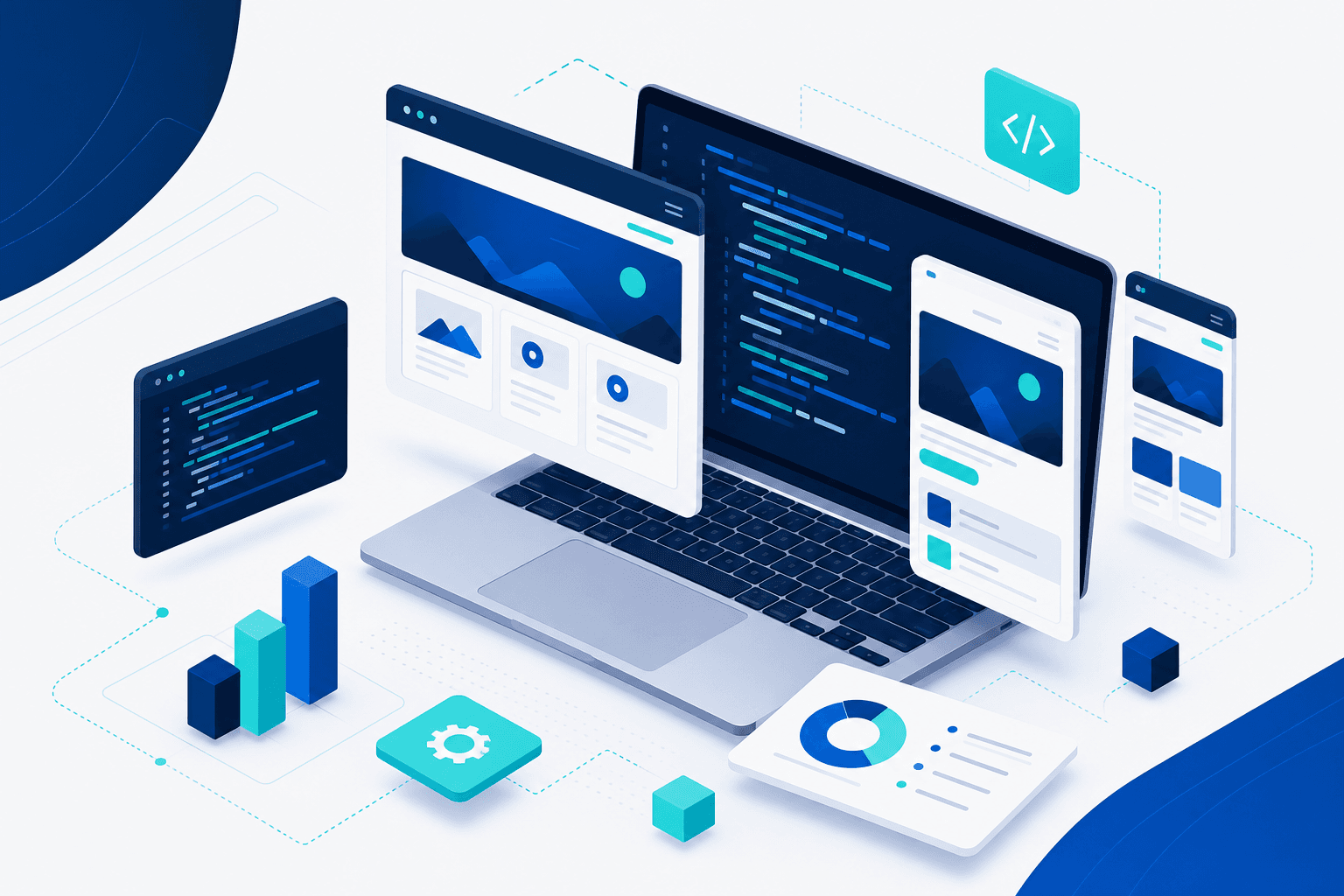 Web tasarım, e-ticaret ve özel yazılım geliştirme illüstrasyonu